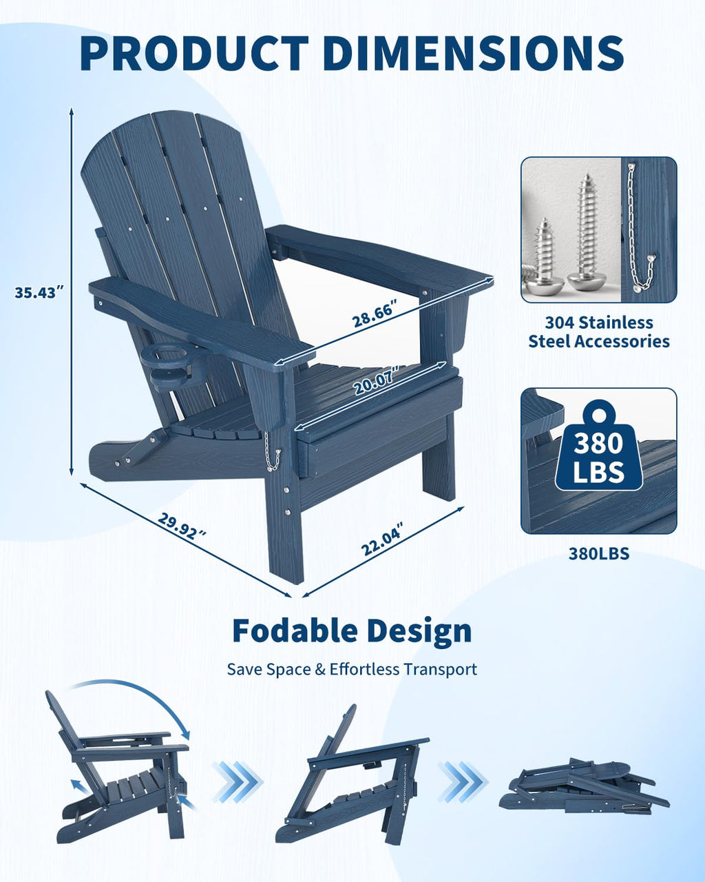 Navy Blue HDPE Folding Adirondack Chair Set of 6 with Cup Holder S86284