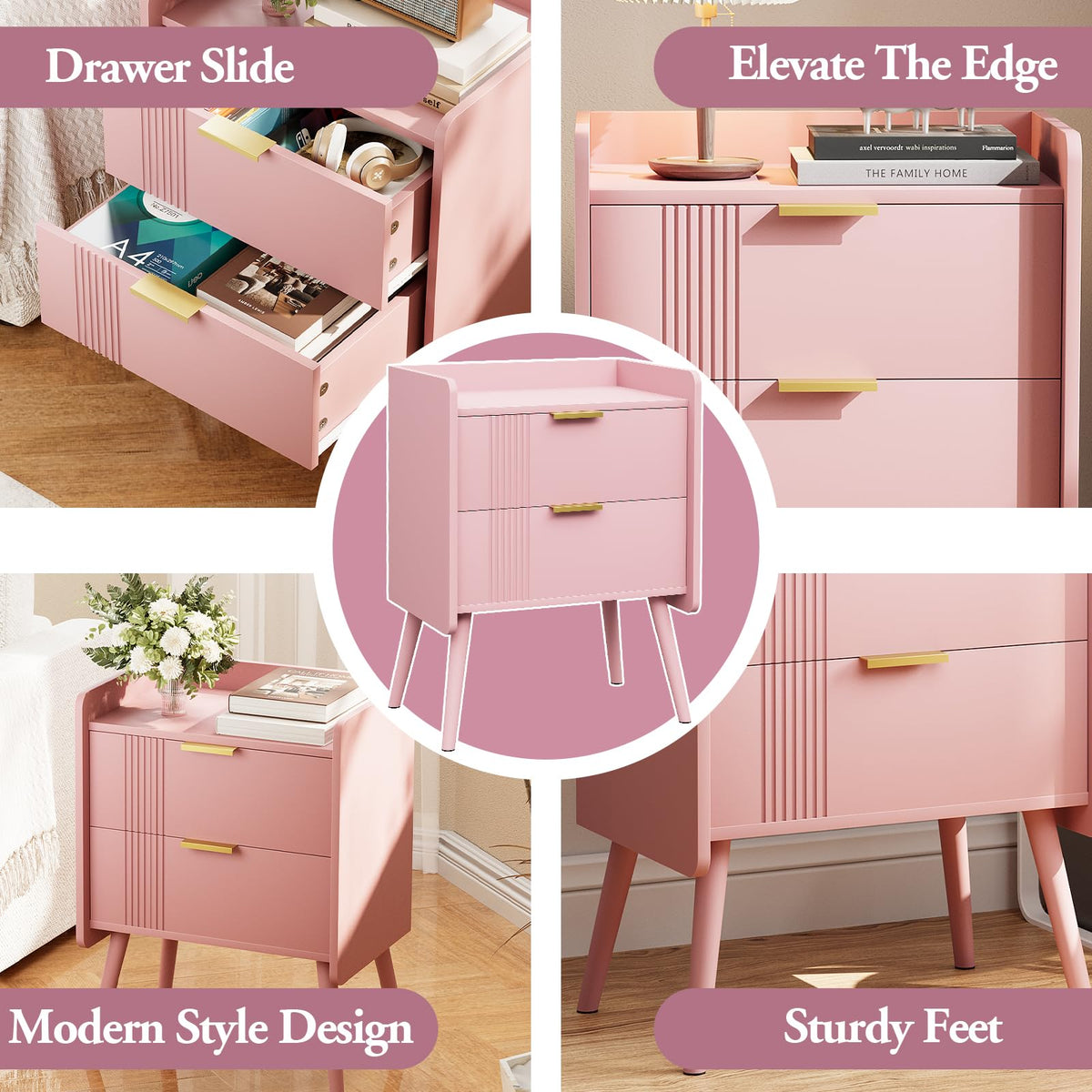 Pink 2 Drawer Wooden Nightstand X392768