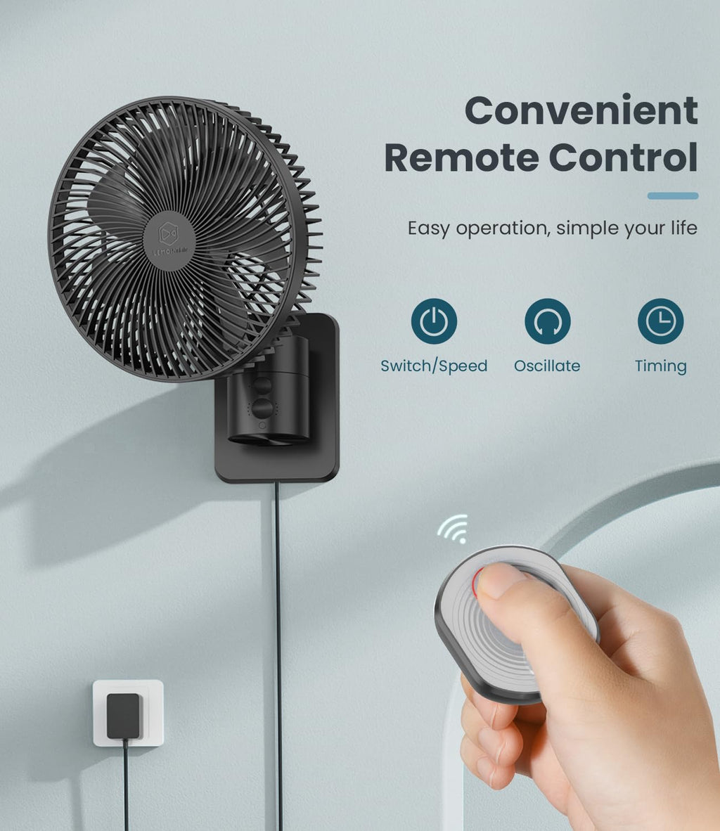 8 Inch Wall Mounted Fan with Remote Control, 4 Speeds, Black Q1754