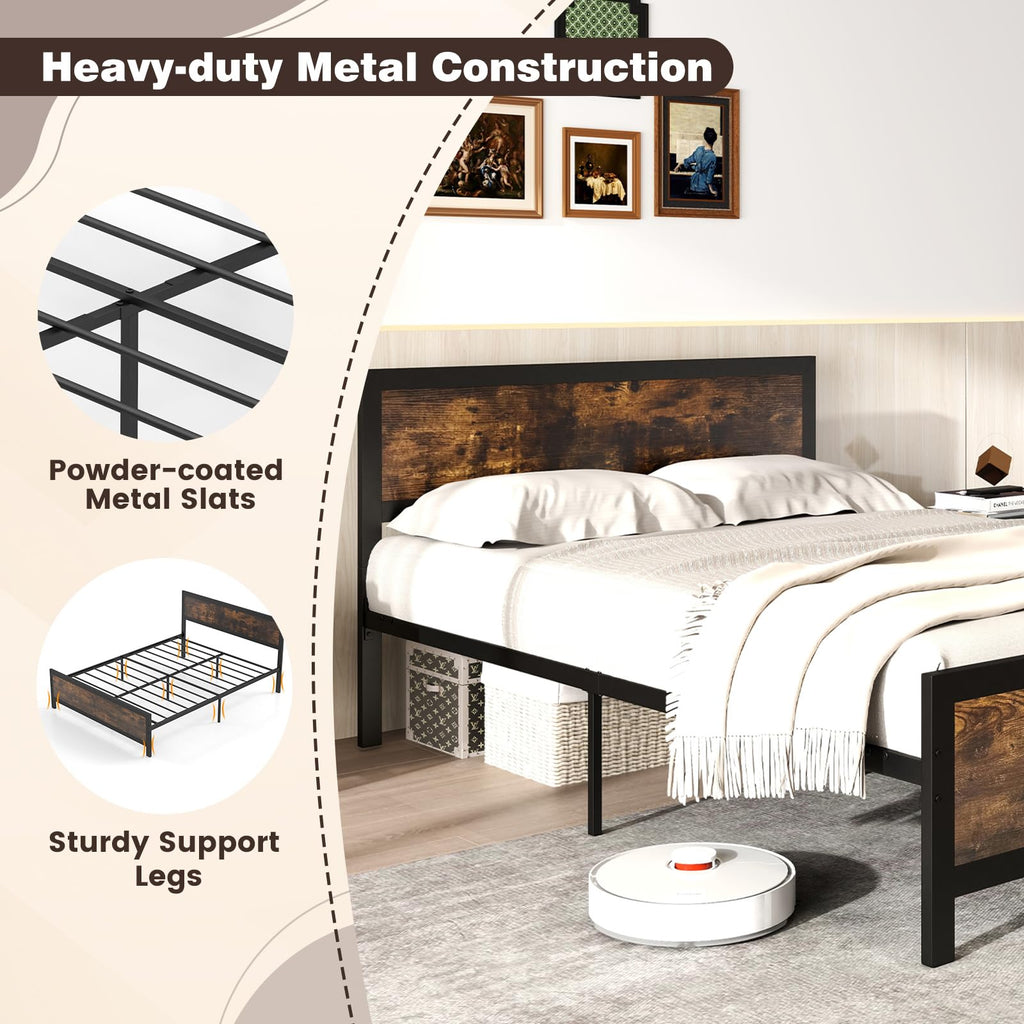 Metal Full Size Platform Bed Frame with Wood Headboard and Footboard Y633