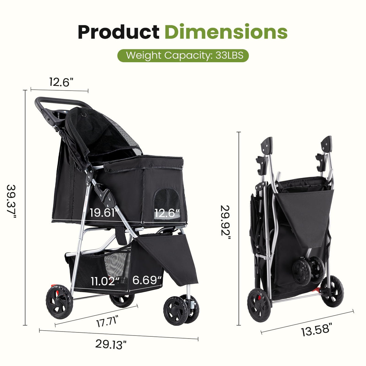 3 Wheels Pet Stroller with Storage Basket and Cup Holder, Black Q9616