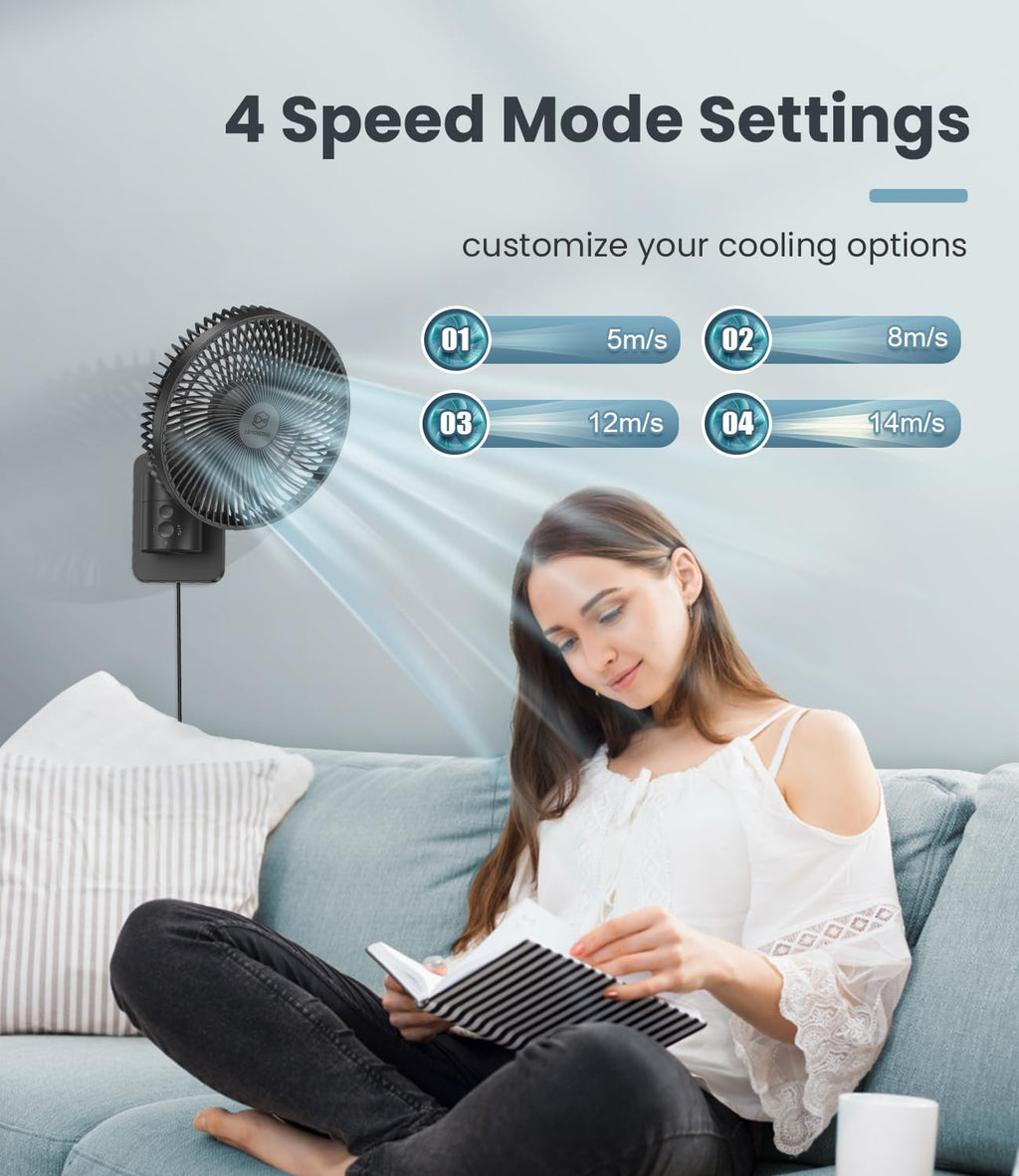 8 Inch Wall Mounted Fan with Remote Control, 4 Speeds, Black Q1754