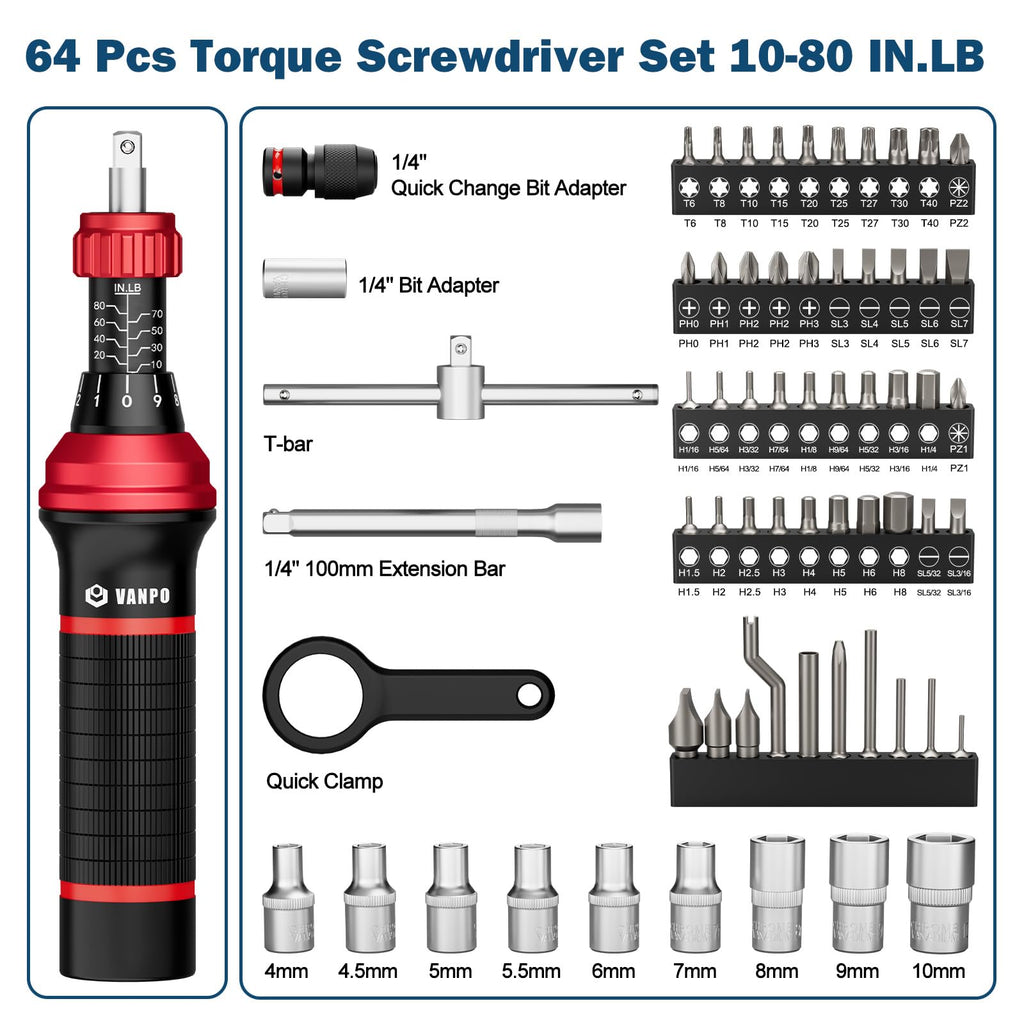 Torque Screwdriver, 10–80 in-lb, 64 Pieces Y96988