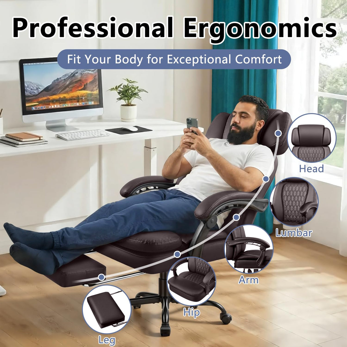 Brown High Back Ergonomic PU Leather Office Chair with Foot-Rest Z989159