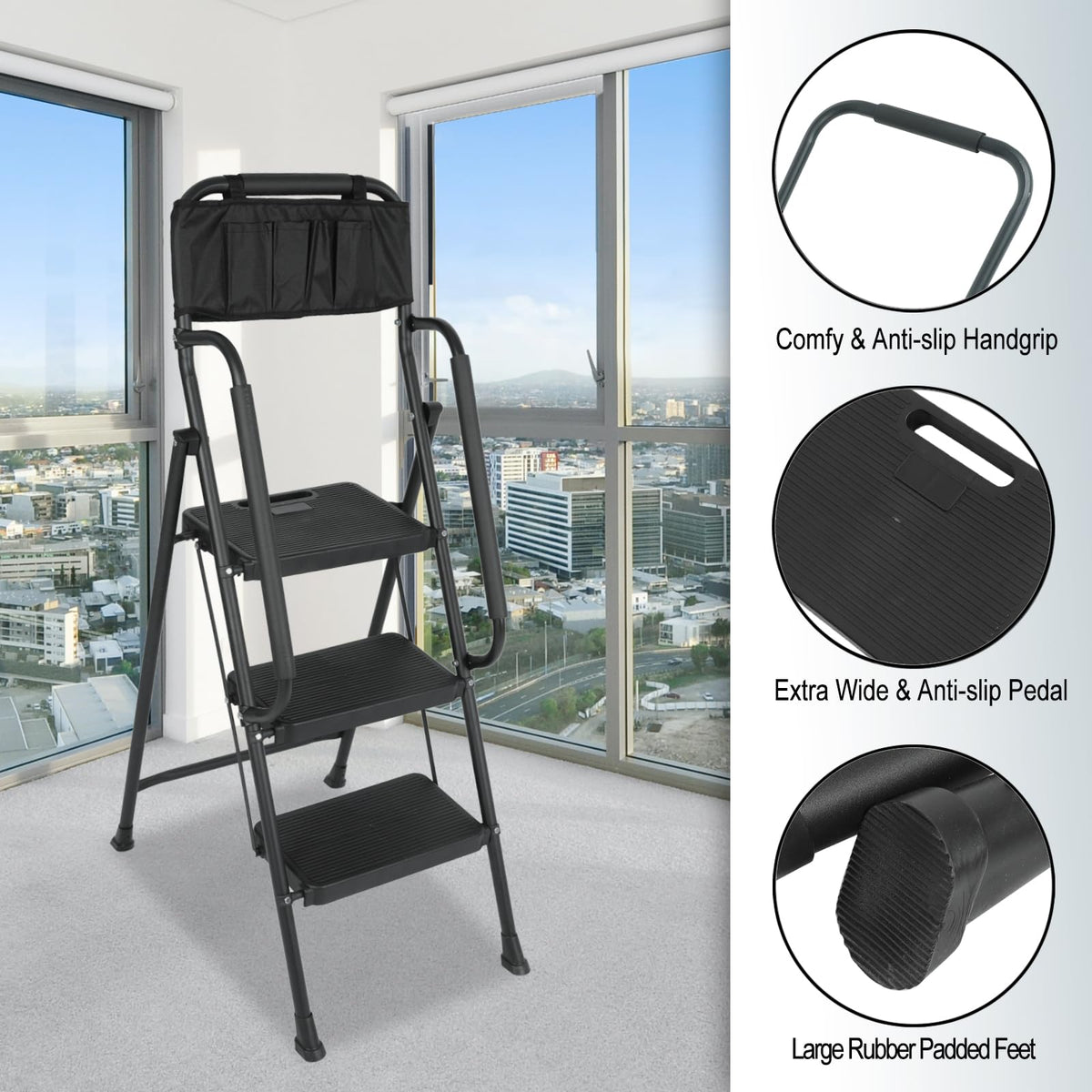 3 Step Folding Ladder with Handrails and Tool Bag, 500 lbs, Black T26753
