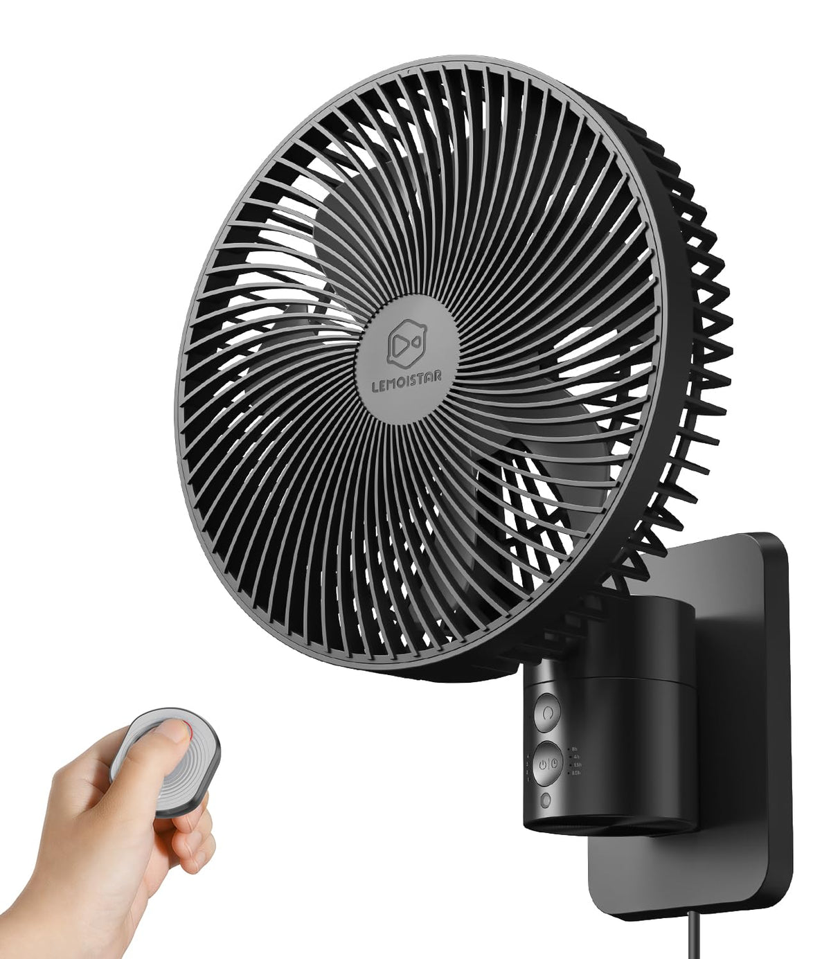 8 Inch Wall Mounted Fan with Remote Control, 4 Speeds, Black Q1754