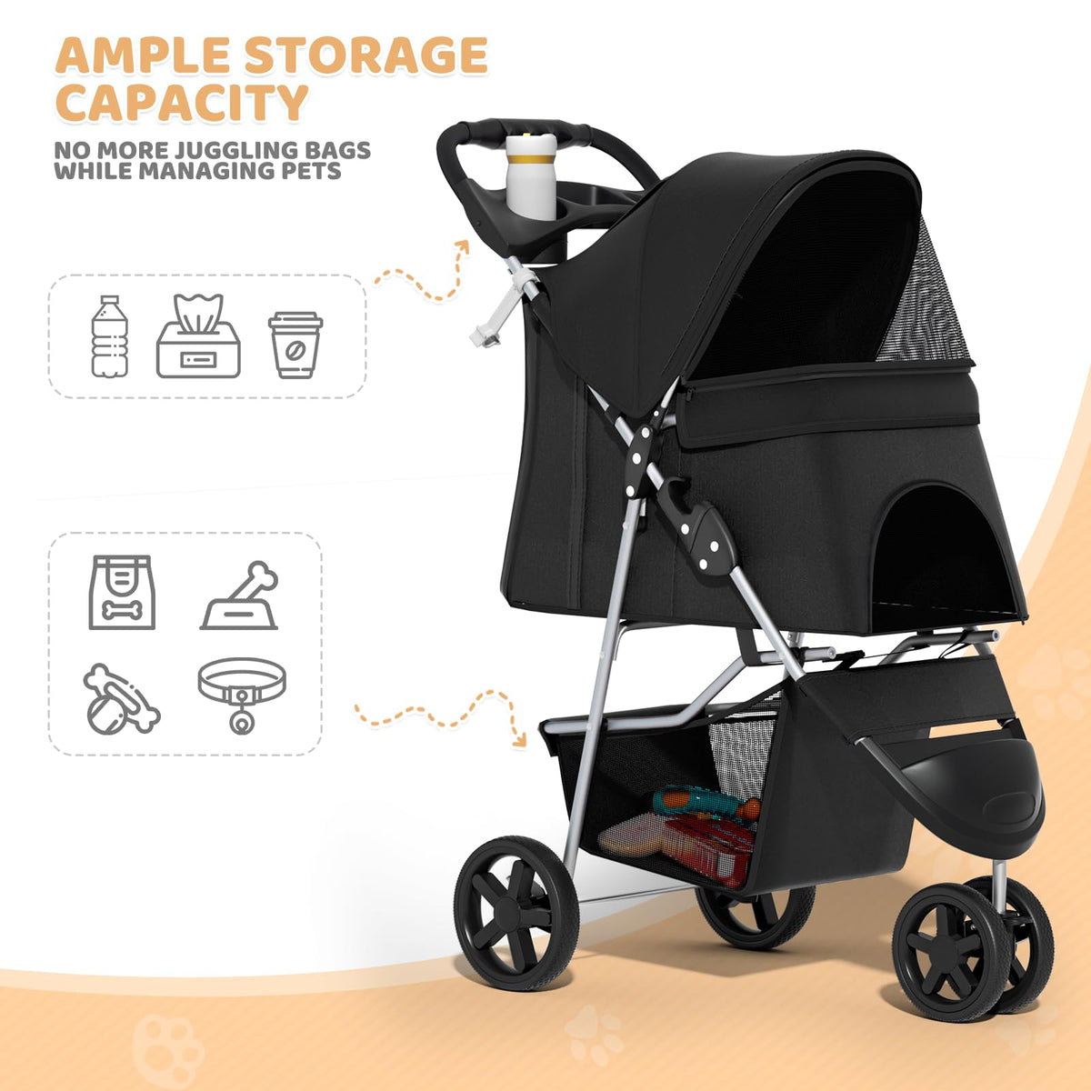 3-Wheel Pet Stroller for Small/Medium Dog Cat, Up to 33lbs, Black Z31051