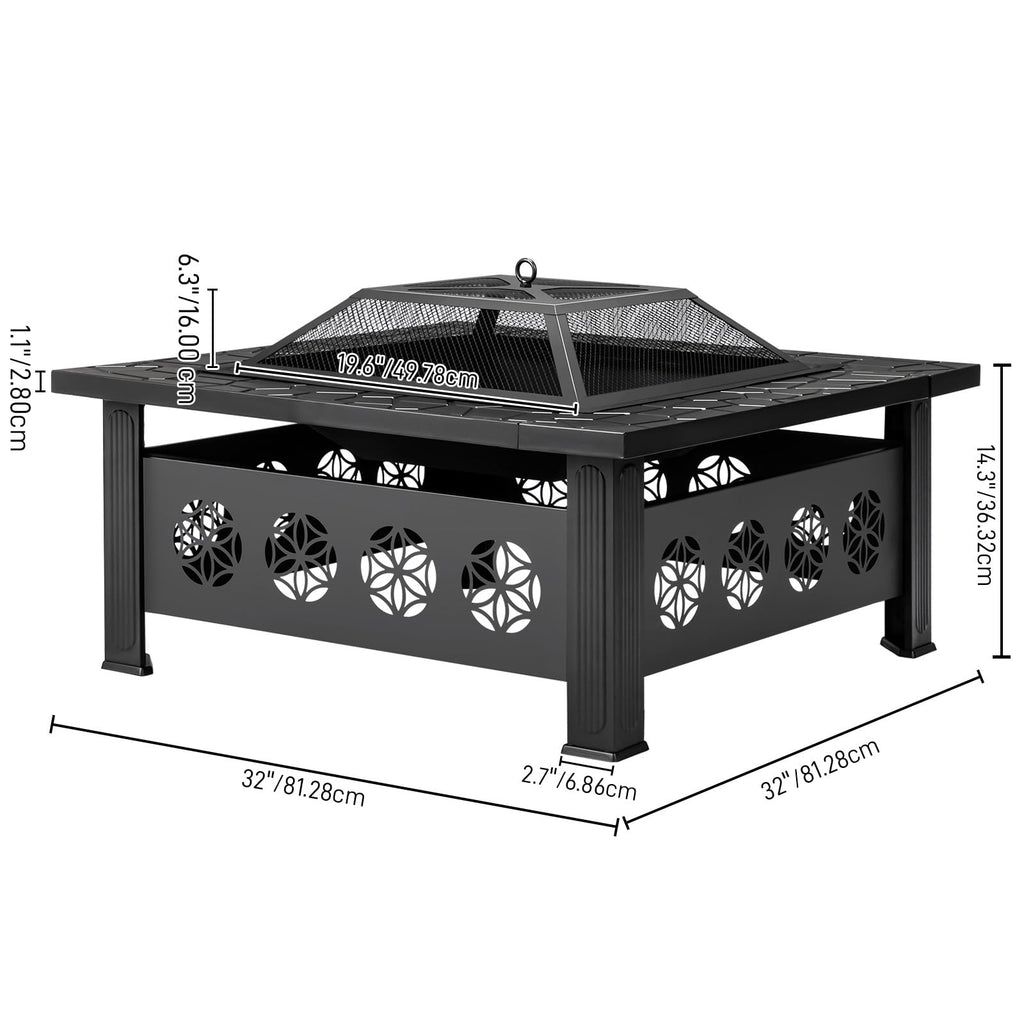 32 Inch Square Wood Burning Fire Pit Table with Spark Screen Lid and Fire Poker I664