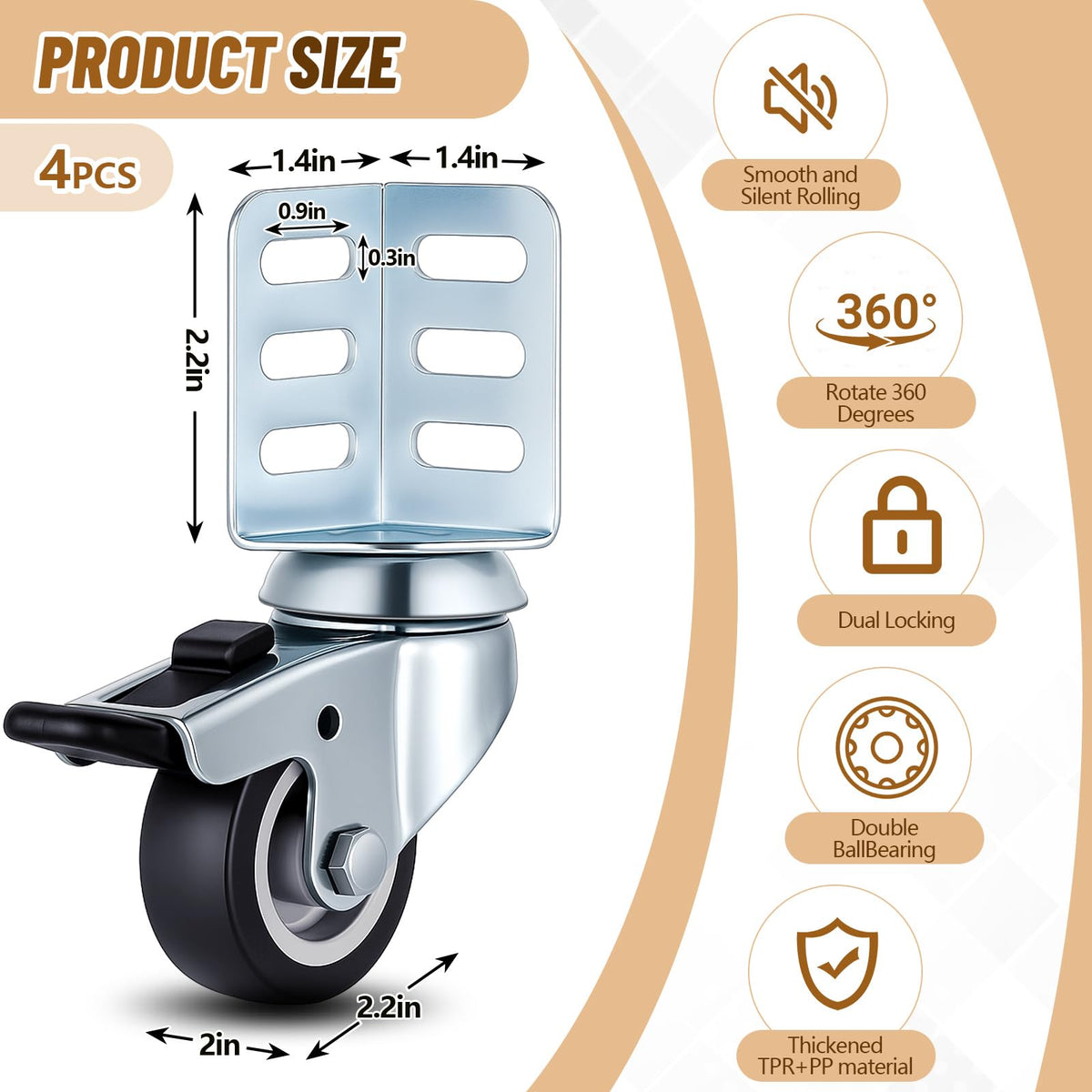 4 Pack Black Swivel Caster Wheels with Top Brake H3909