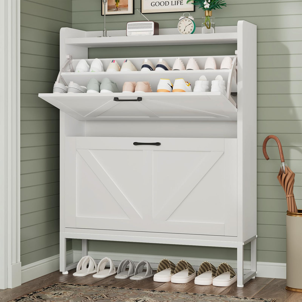 White 2 Flip Drawers Shoe Storage Cabinet I842371