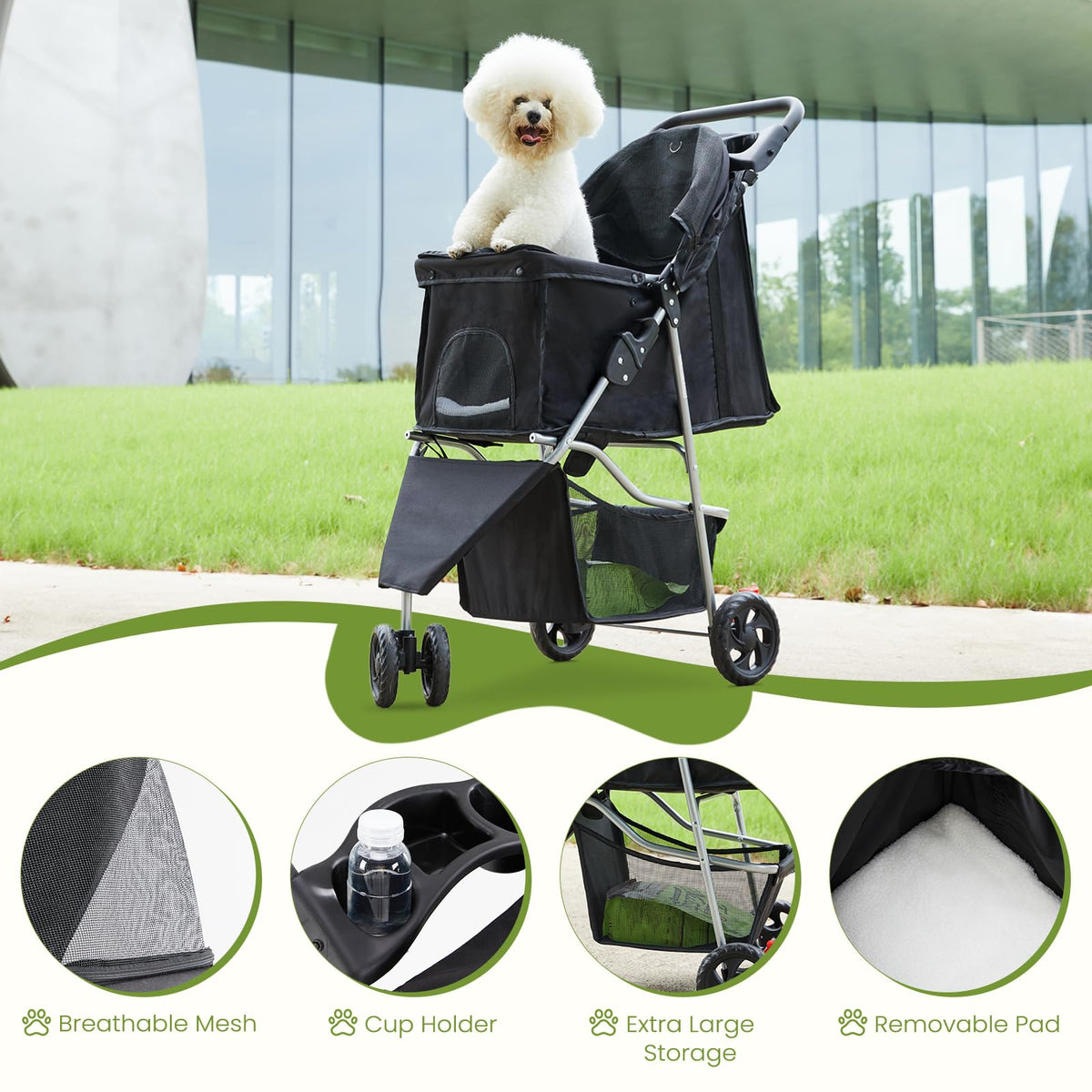 3 Wheels Pet Stroller with Storage Basket and Cup Holder, Black Q9616