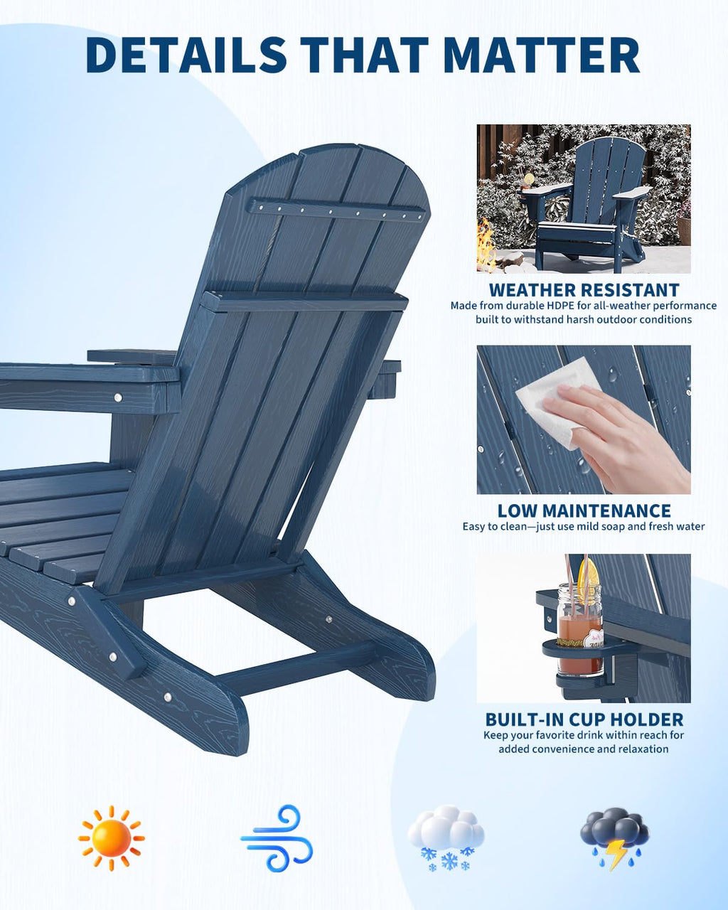 Navy Blue HDPE Folding Adirondack Chair Set of 6 with Cup Holder S86284