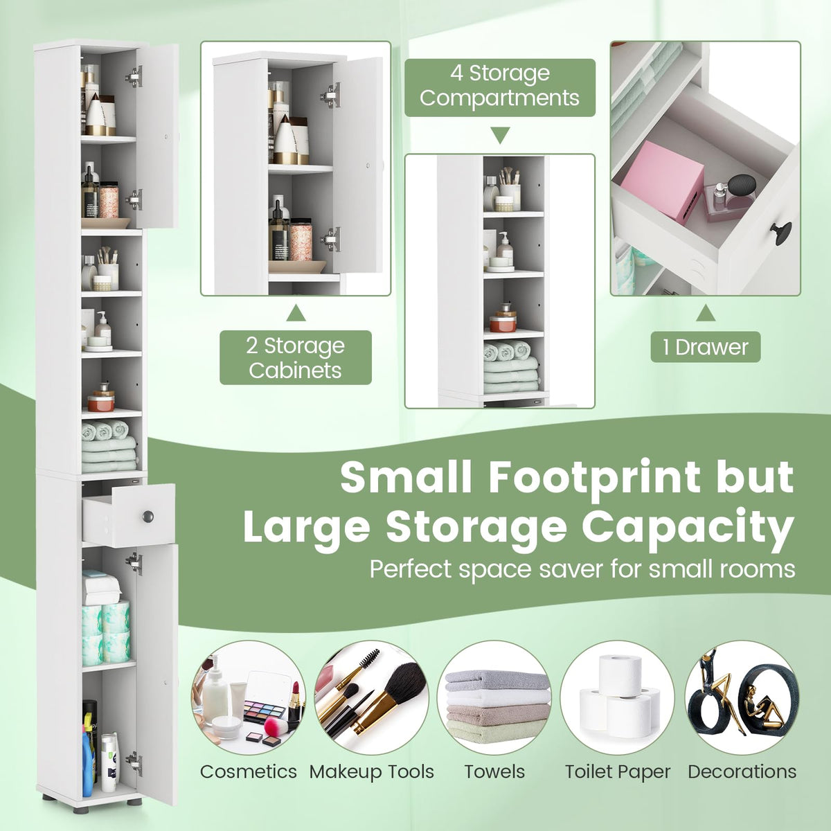 White Tall Slim Bathroom Storage Cabinet with 2 Doors 1 Drawer G9803