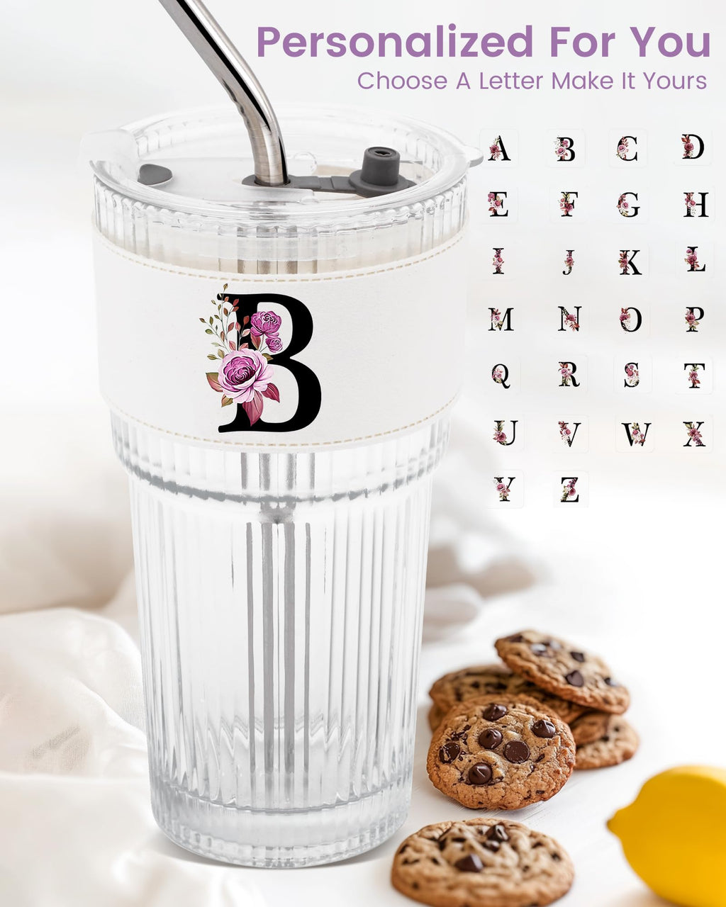 Glass Cup with Lid Straw Clear Tumbler Q80050