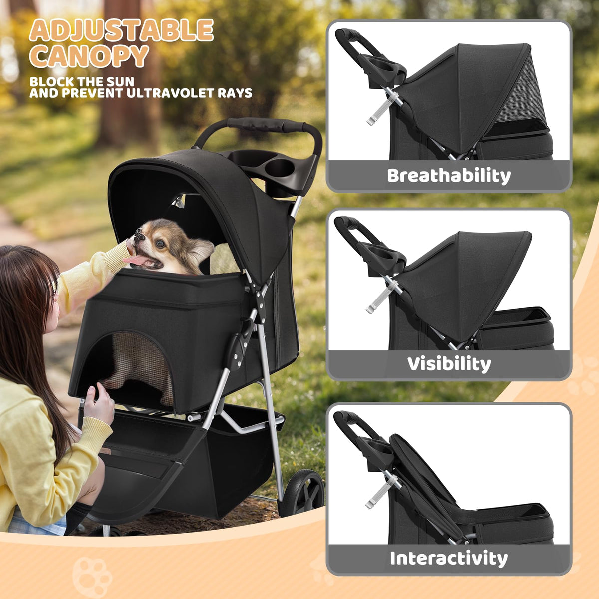 3-Wheel Pet Stroller for Small/Medium Dog Cat, Up to 33lbs, Black Z31051