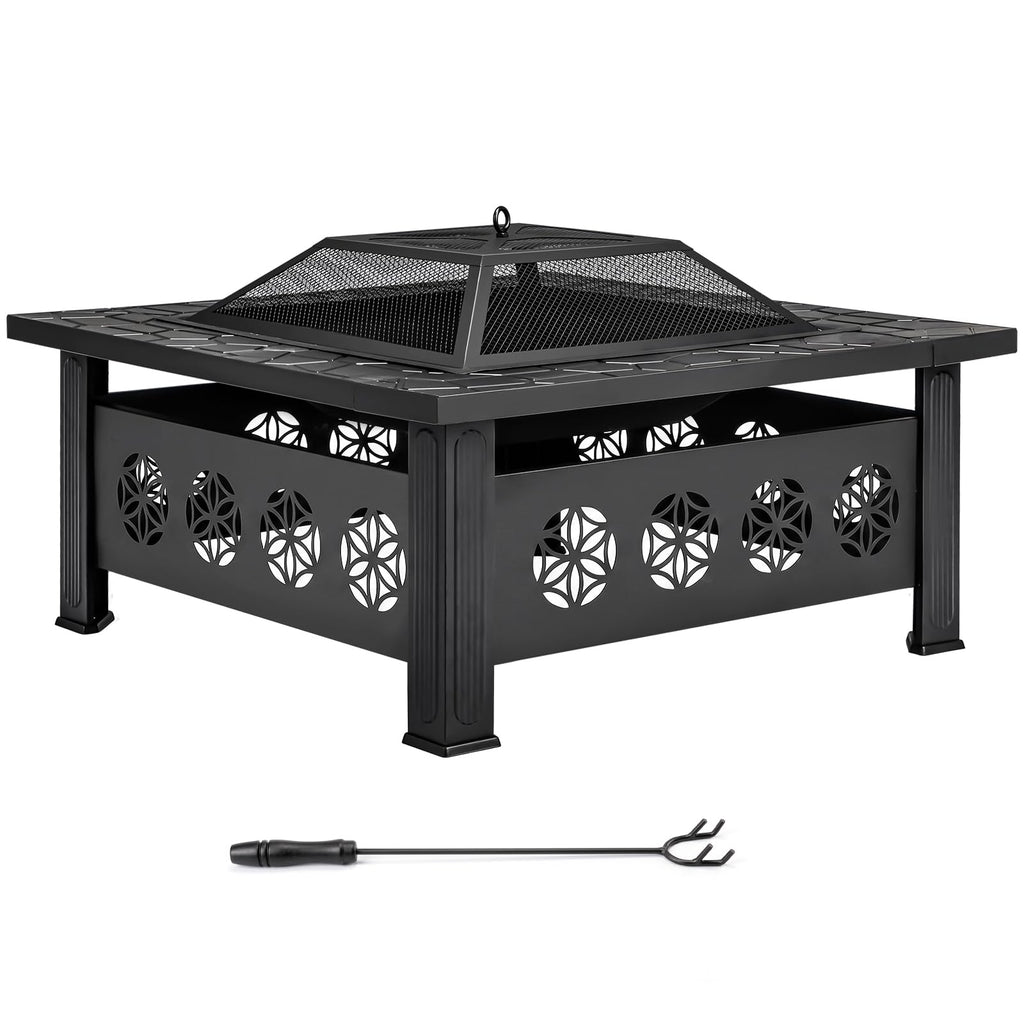 32 Inch Square Wood Burning Fire Pit Table with Spark Screen Lid and Fire Poker I664