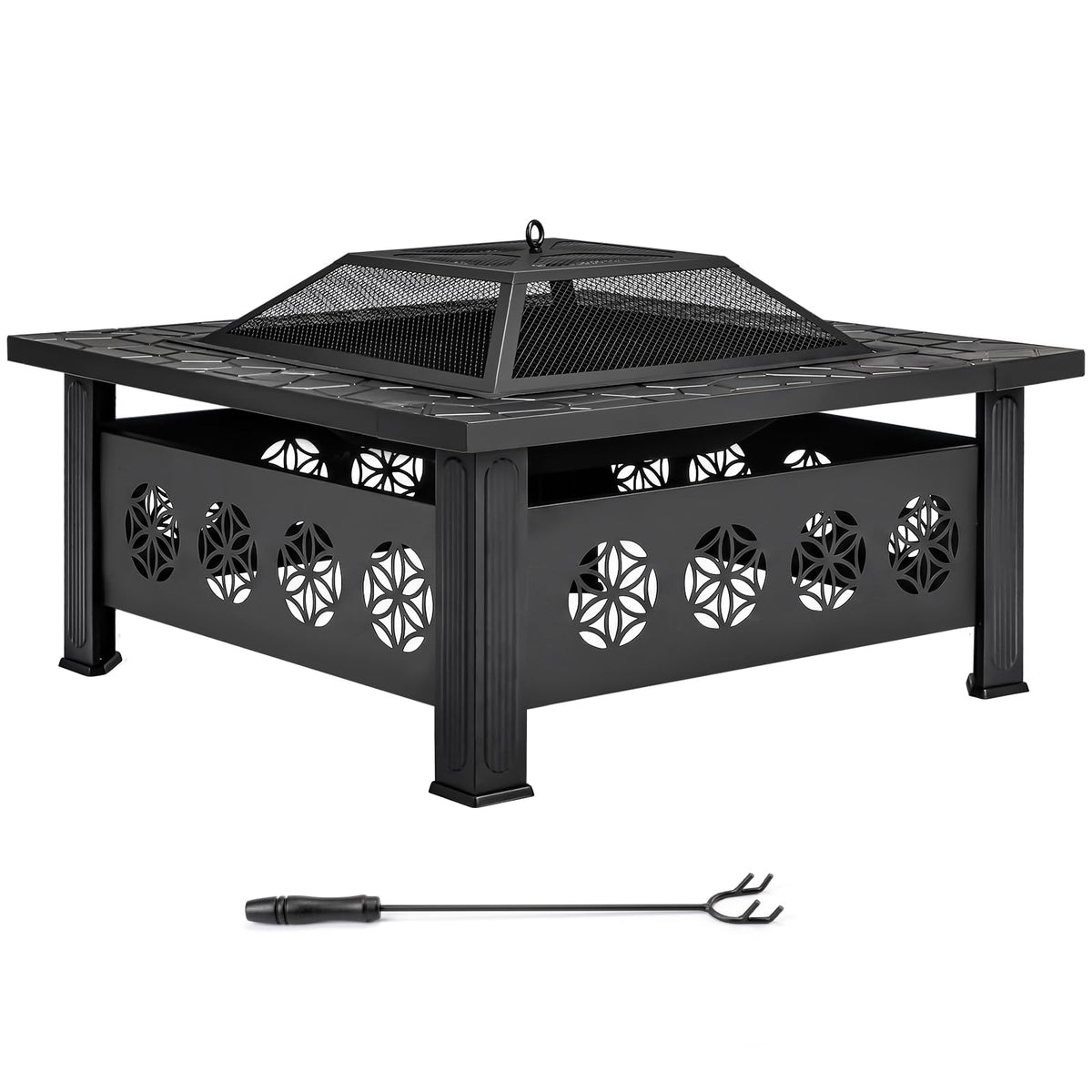 32 Inch Square Wood Burning Fire Pit Table with Spark Screen Lid and Fire Poker I664