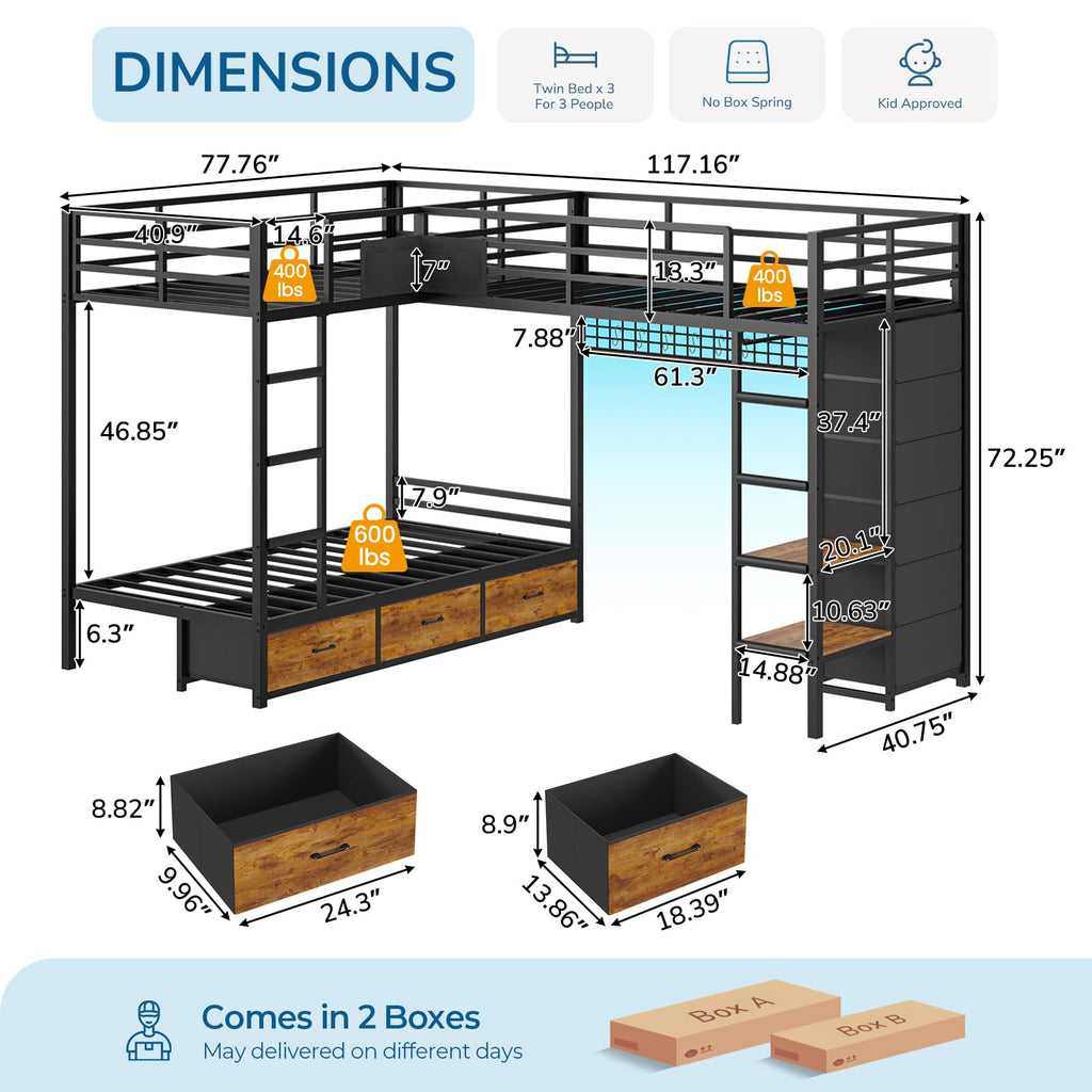 Black Twin Over Twin Triple Bunk Bed with 9 Storage Drawers and LED Lights B669