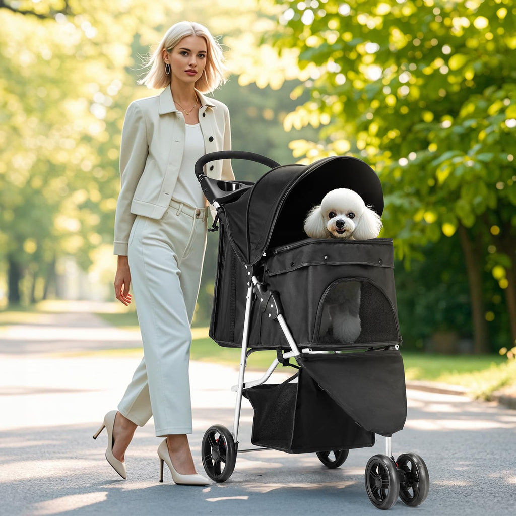 3 Wheels Pet Stroller with Storage Basket and Cup Holder, Black Q9616