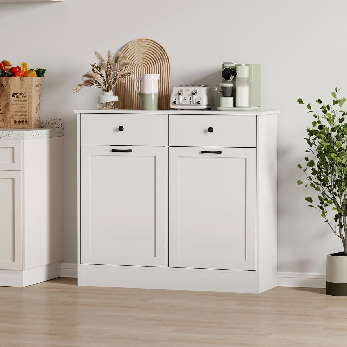 White 20 Gallons Wooden Tilt Out Trash Can Cabinet with 2 Drawers T1131