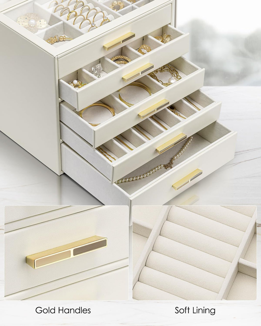 5 Layer Glass Lid Jewelry Organizer with 5 Drawers P19663