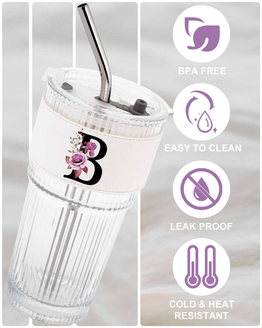 Glass Cup with Lid Straw Clear Tumbler Q80050