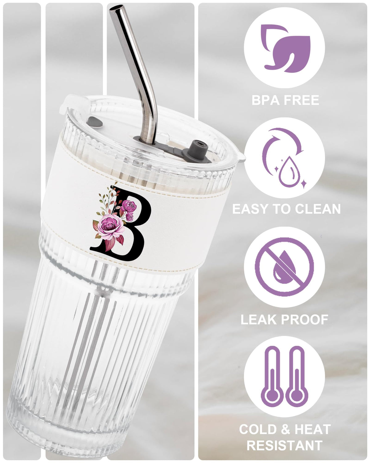 Glass Cup with Lid Straw Clear Tumbler Q80050