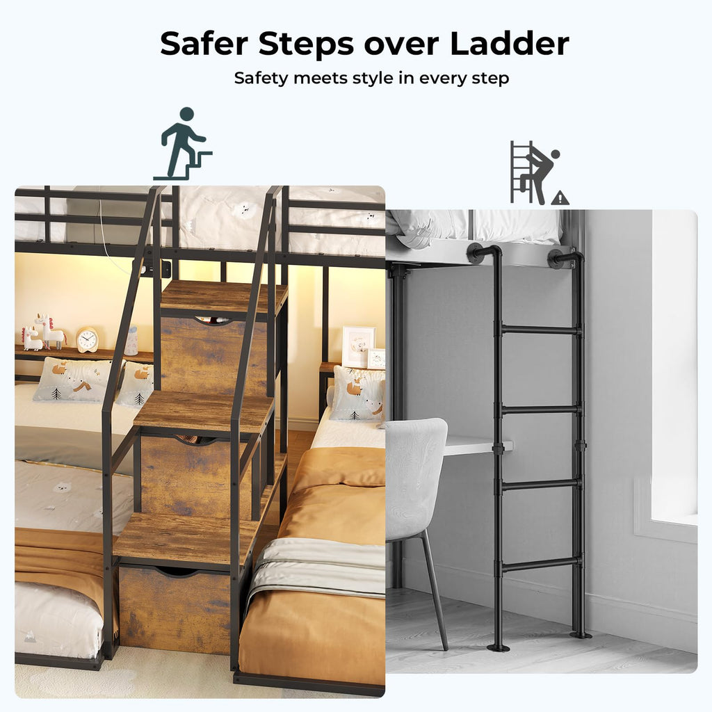 Black Triple Bunk Bed Twin Over Twin with Storage Staircase M753715