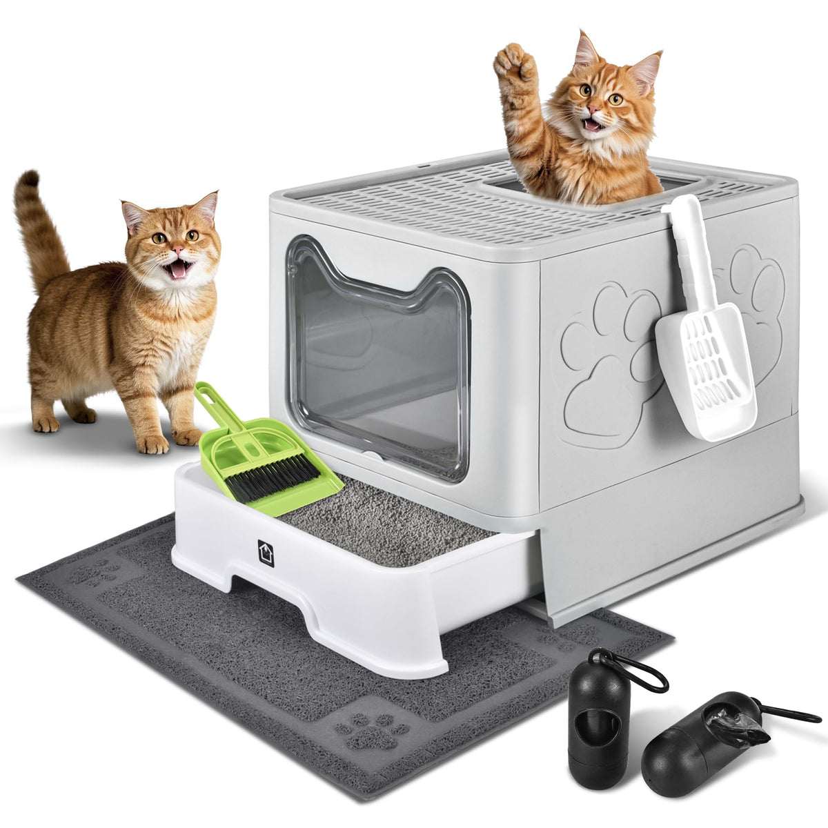 Covered Cat Litter Box, Extra Large Drawer Design with Dual Entry,Pale Grey F247