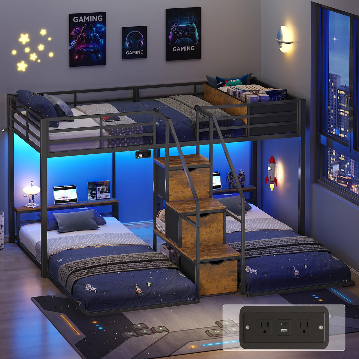 Black Triple Bunk Bed Twin Over Twin with Storage Staircase M753715
