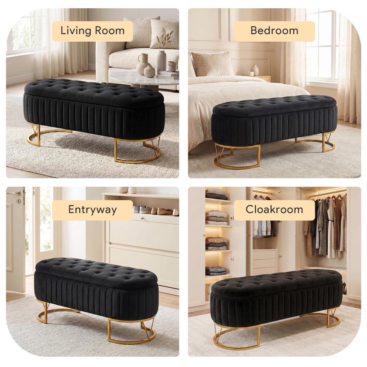 Black Velvet Upholstered Storage Bench J6611