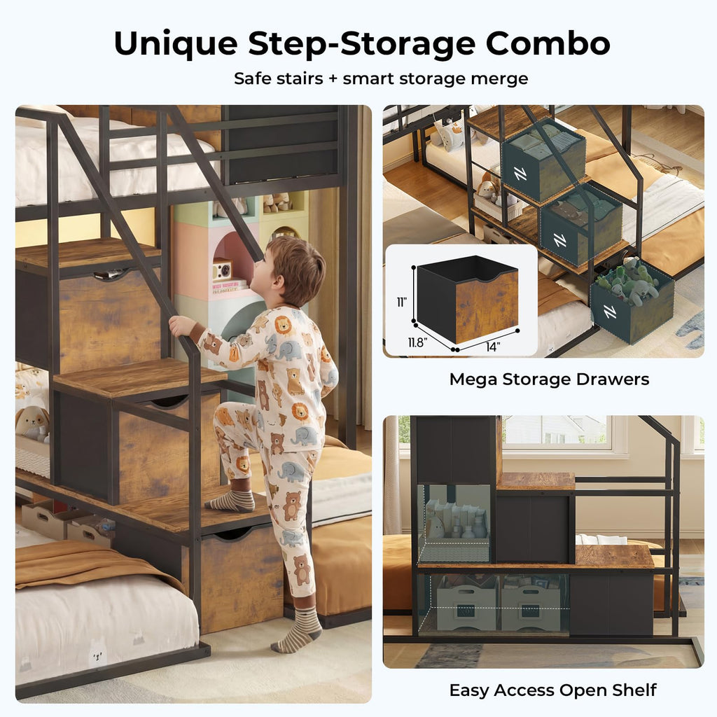 Black Triple Bunk Bed Twin Over Twin with Storage Staircase M753715