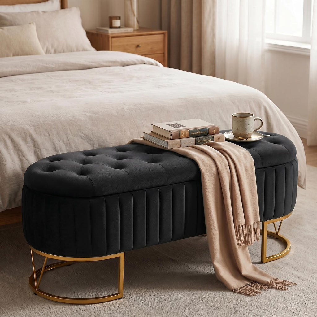 Black Velvet Upholstered Storage Bench J6611