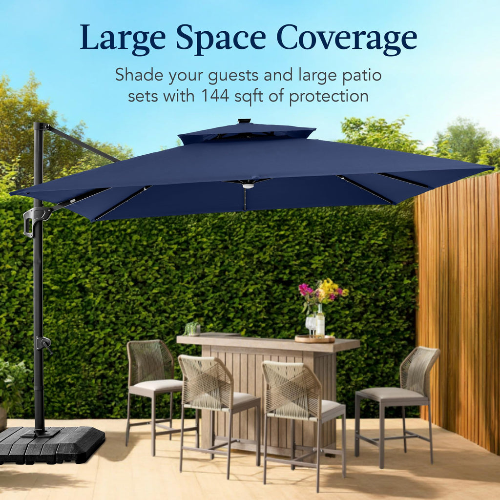 12x12ft LED Cantilever Patio Umbrella with Base and 360° Rotation B29853