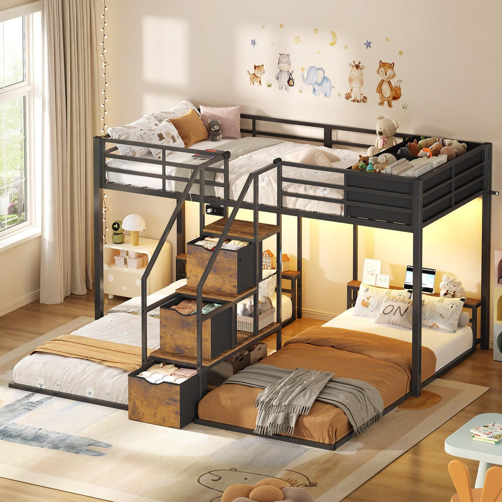 Black Triple Bunk Bed Twin Over Twin with Storage Staircase M753715