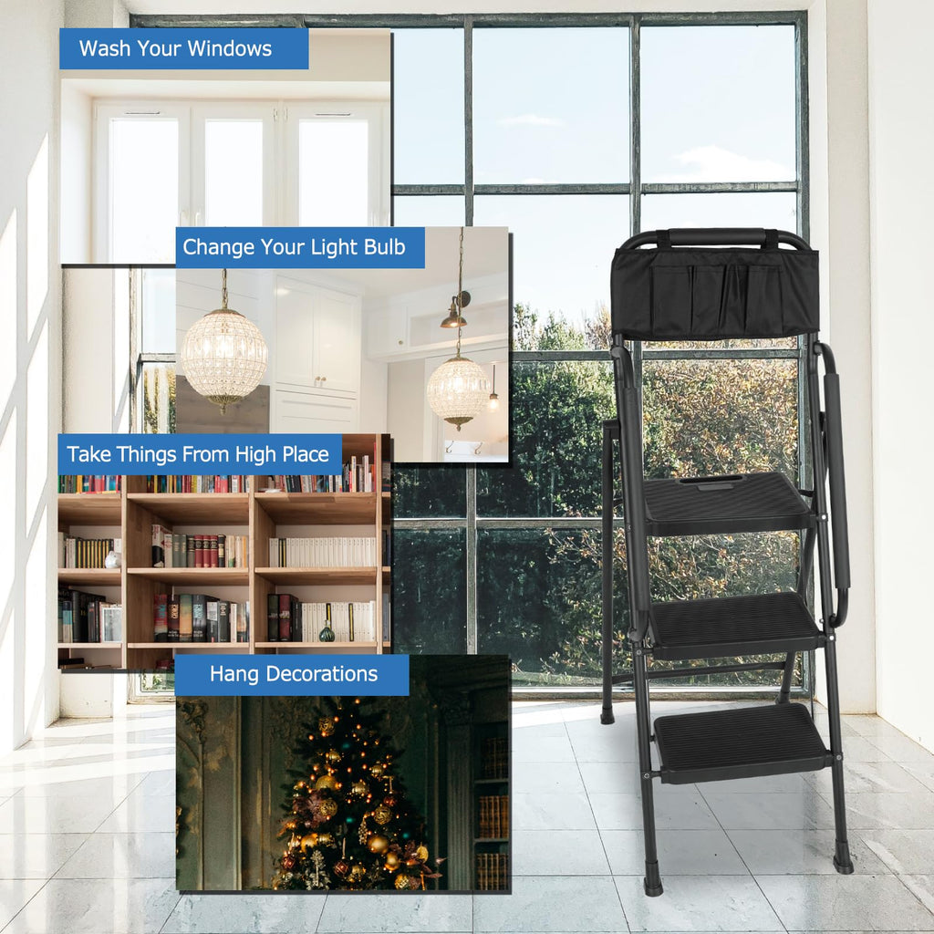 3 Step Folding Ladder with Handrails and Tool Bag, 500 lbs, Black T26753