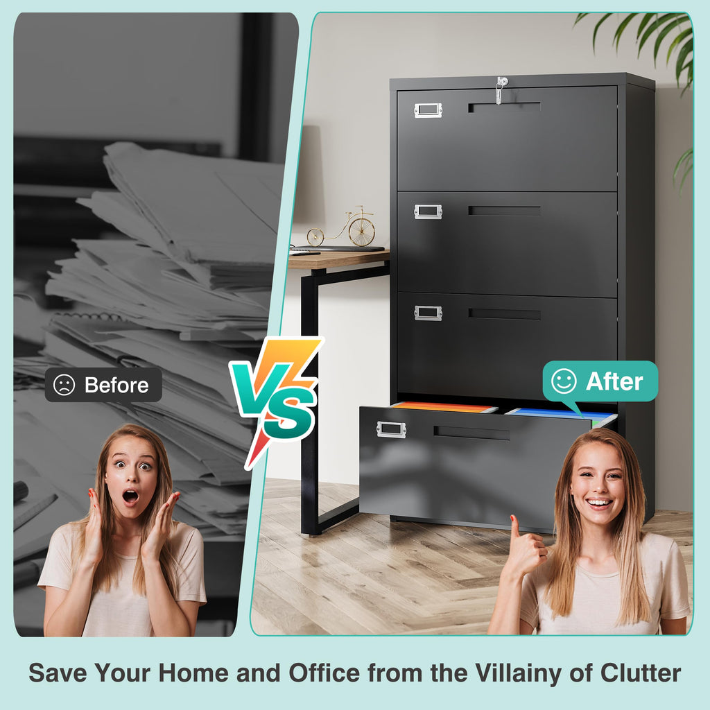 Black 4 Drawer Metal Lateral File Cabinet with Lock E8082