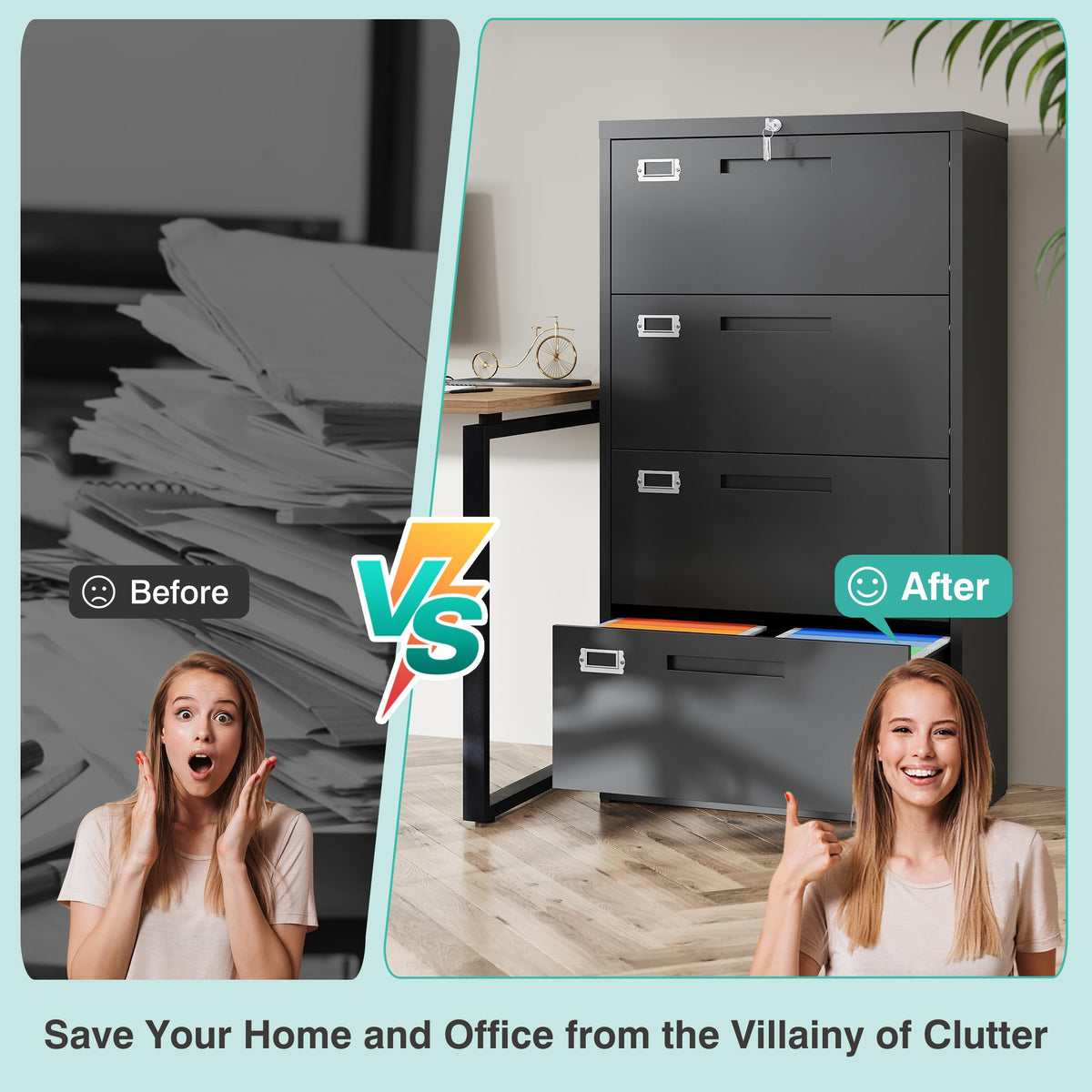 Black 4 Drawer Metal Lateral File Cabinet with Lock E8082