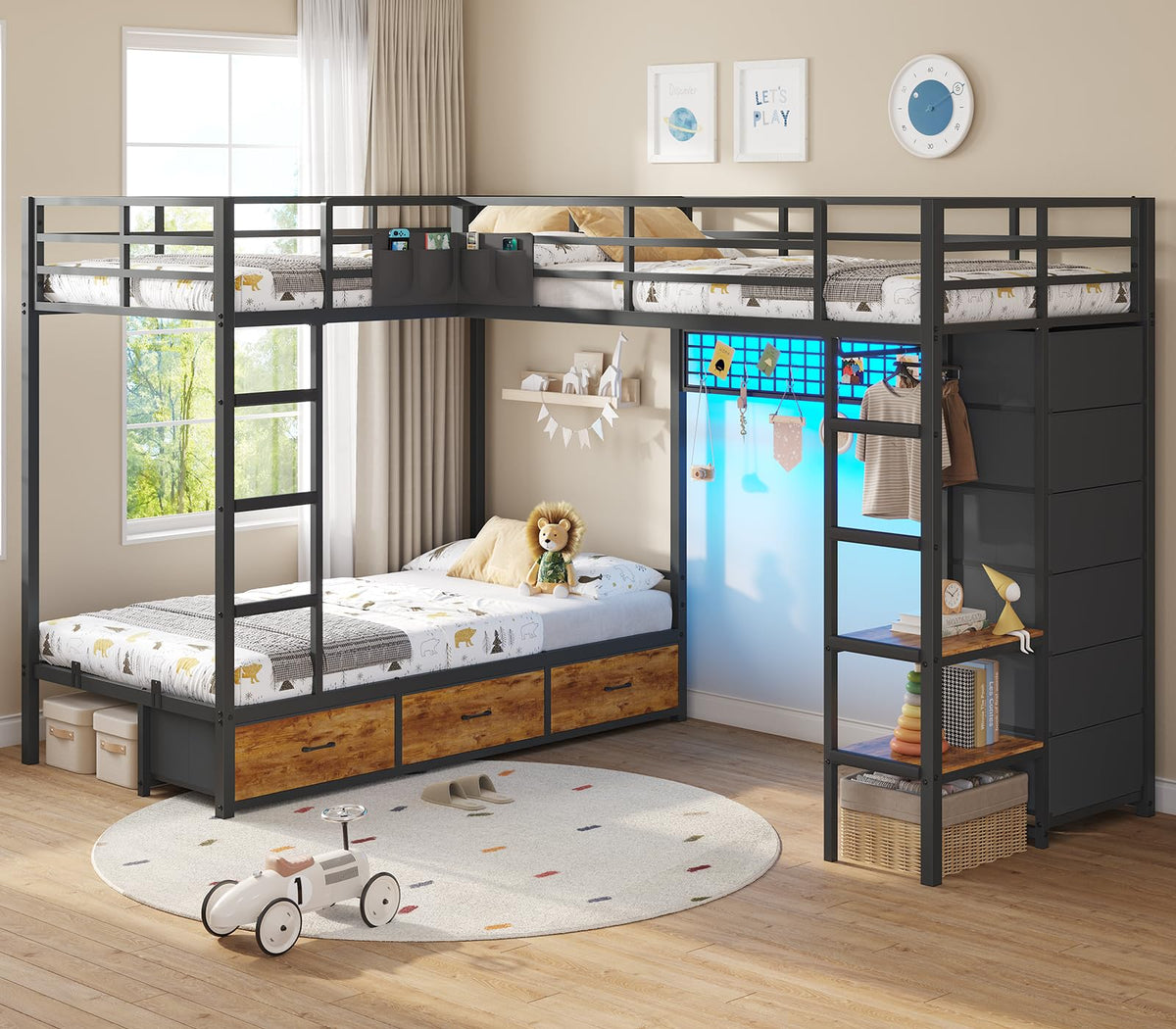 Black Twin Over Twin Triple Bunk Bed with 9 Storage Drawers and LED Lights B669