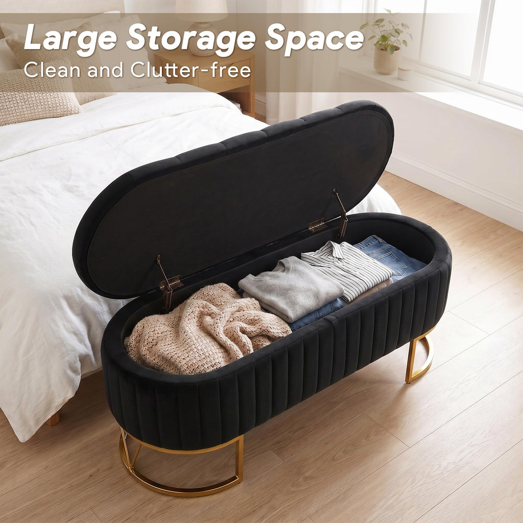 Black Velvet Upholstered Storage Bench J6611