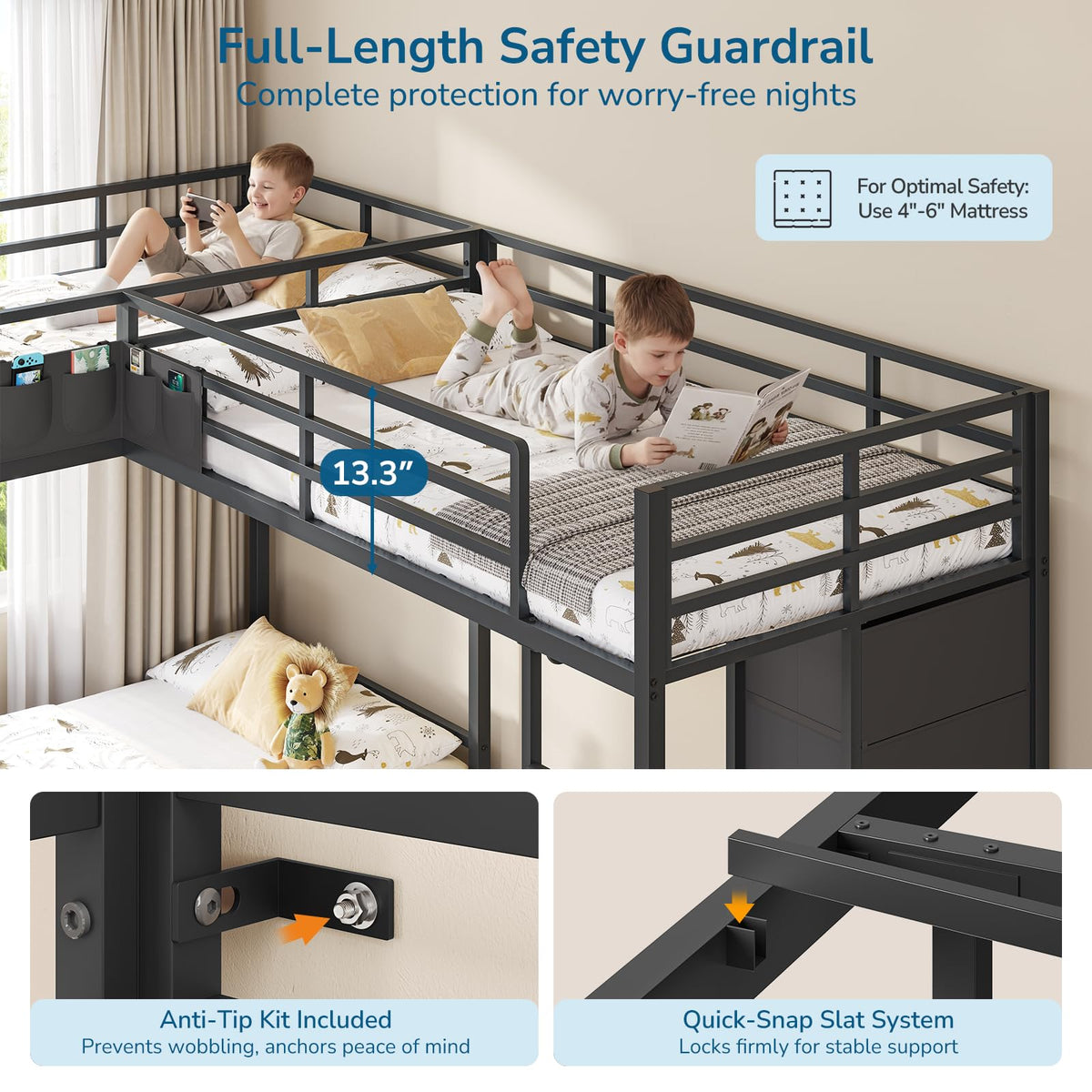 Black Twin Over Twin Triple Bunk Bed with 9 Storage Drawers and LED Lights B669