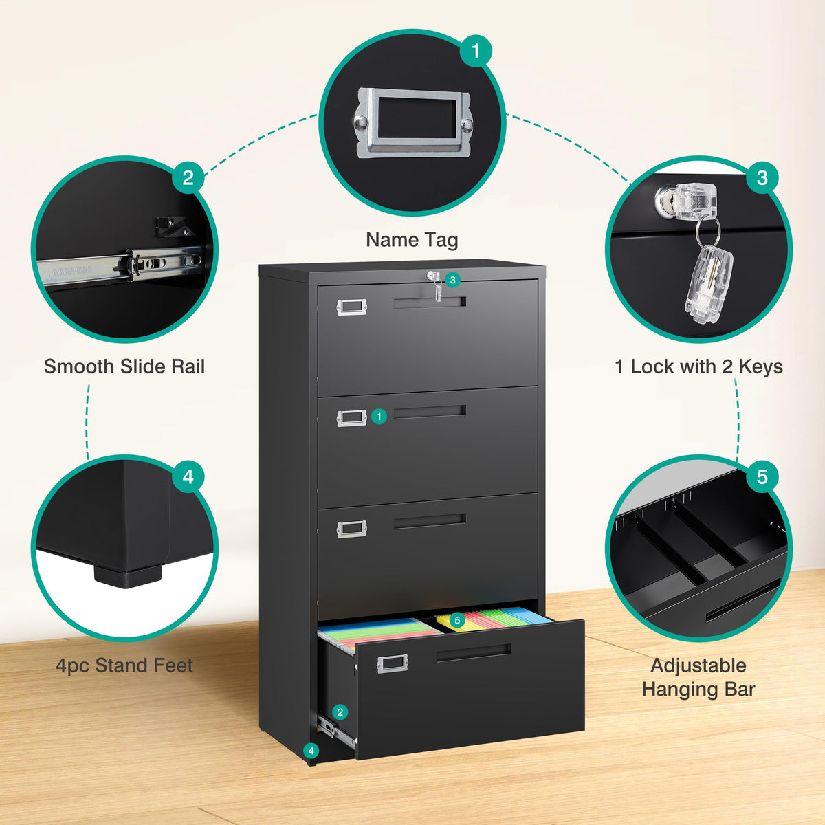 Black 4 Drawer Metal Lateral File Cabinet with Lock E8082
