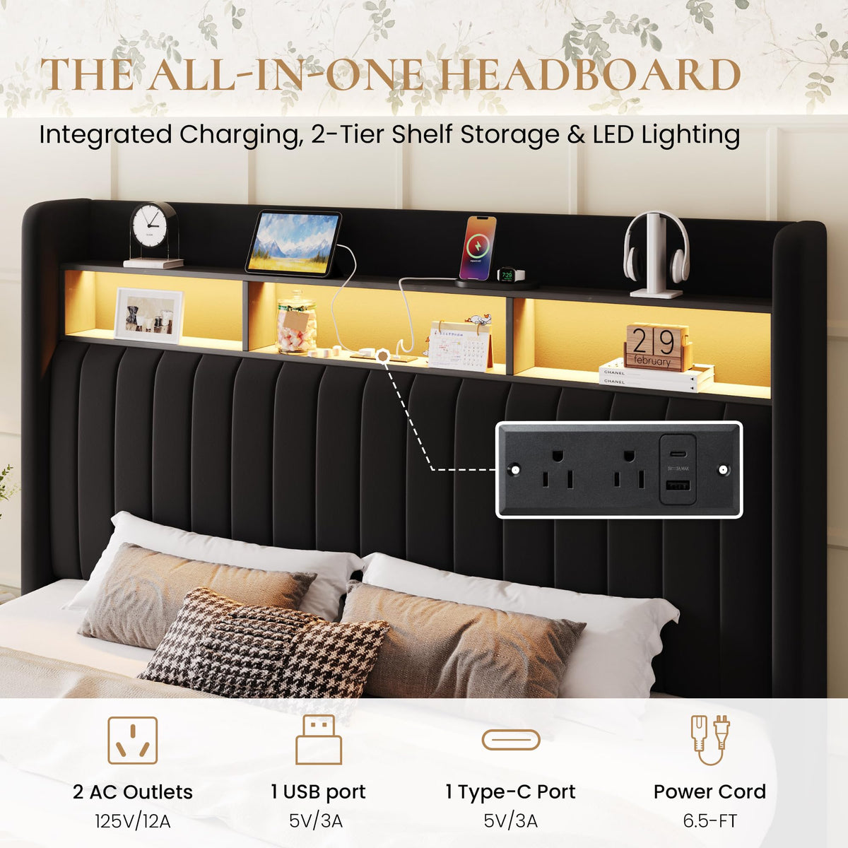 Full Size Velvet Upholstered Platform Bed Frame with Storage Shelf V900650