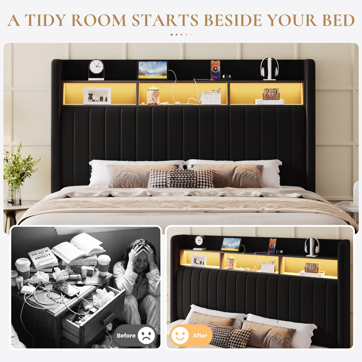 Full Size Velvet Upholstered Platform Bed Frame with Storage Shelf V900650