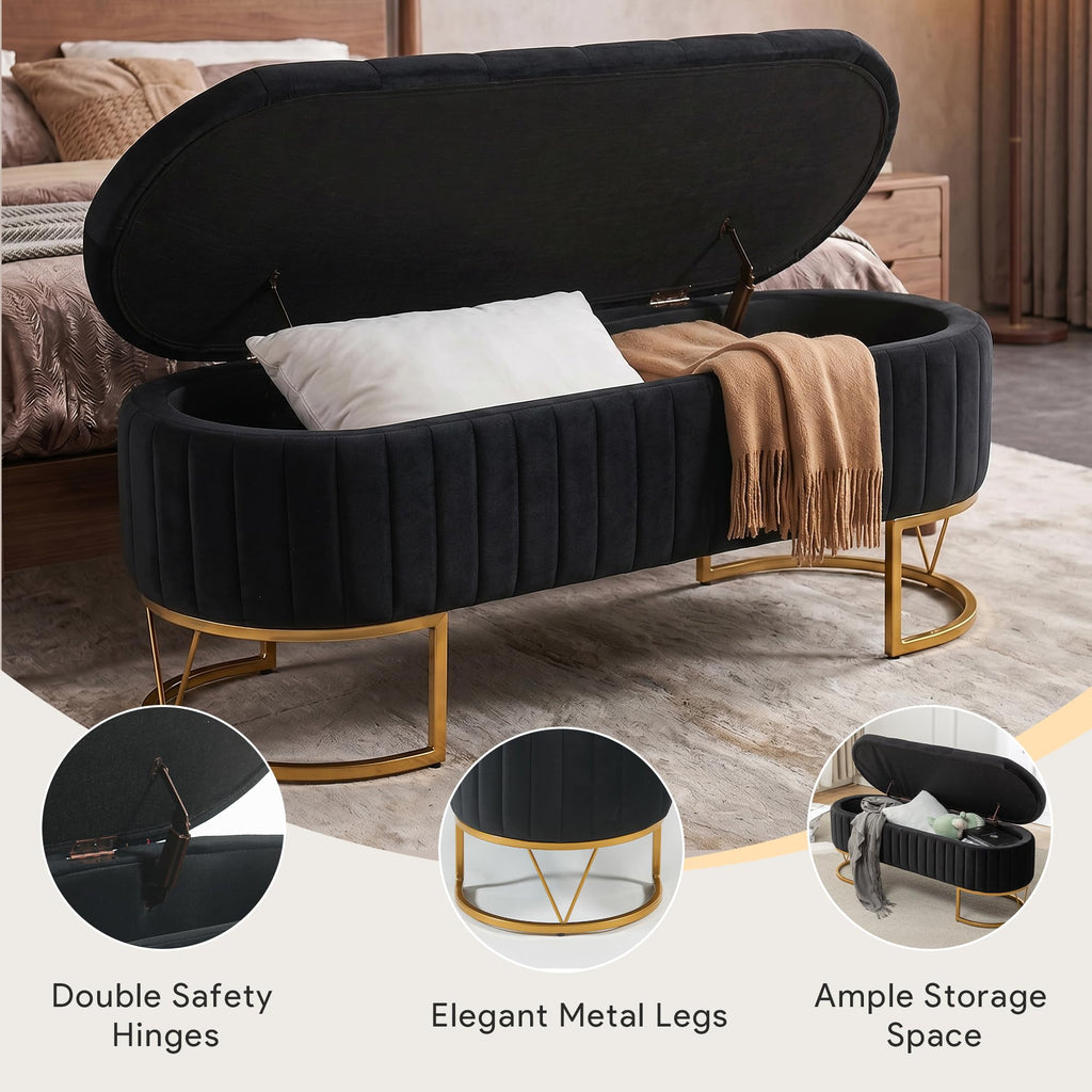 Black Velvet Upholstered Storage Bench J6611