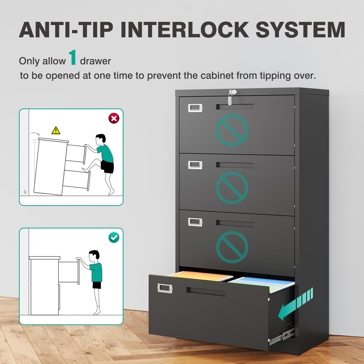Black 4 Drawer Metal Lateral File Cabinet with Lock E8082