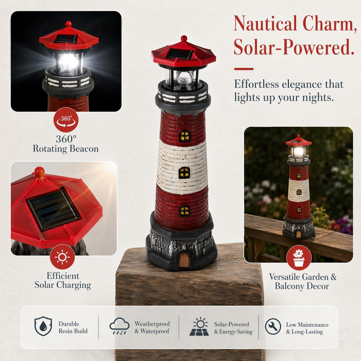Solar Lighthouse with Rotating LED Lights 15 Inch Tall Z13243