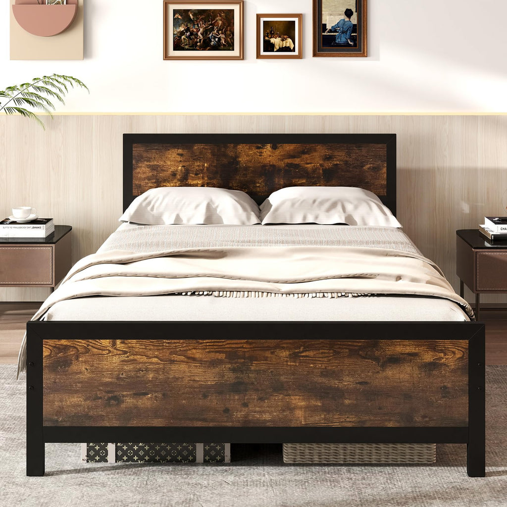 Metal Full Size Platform Bed Frame with Wood Headboard and Footboard Y633