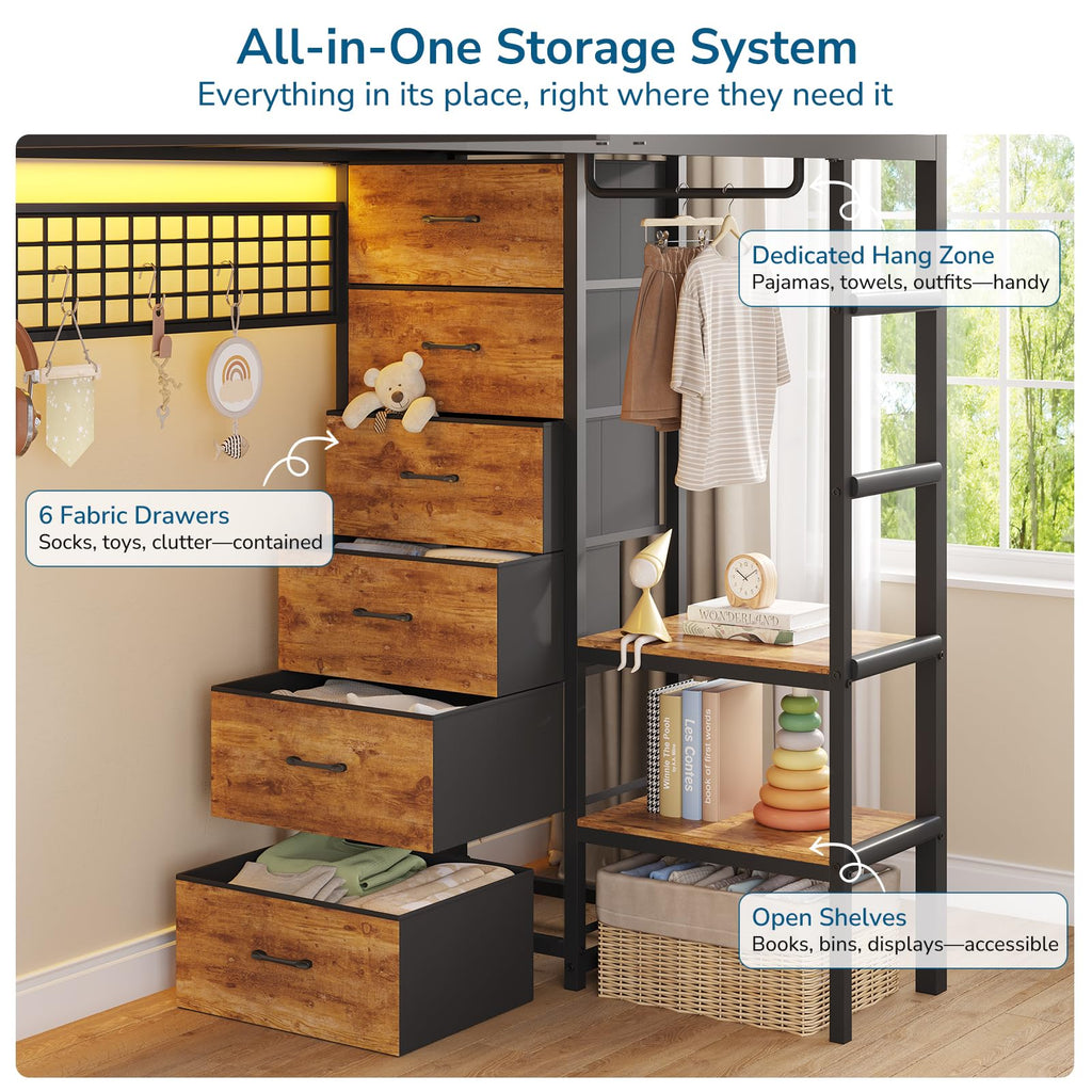 Black Twin Over Twin Triple Bunk Bed with 9 Storage Drawers and LED Lights B669