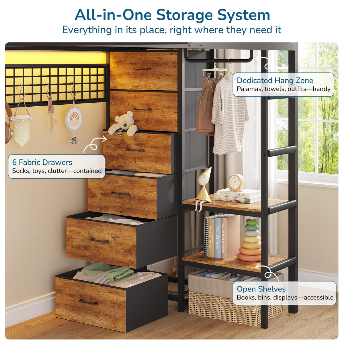 Black Twin Over Twin Triple Bunk Bed with 9 Storage Drawers and LED Lights B669